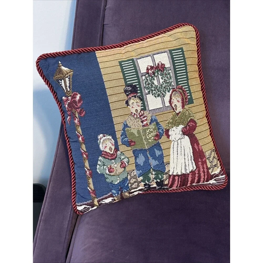 Riverdale Tapestry Throw Pillow Victorian Christmas Carolers Holiday Decor 12x12